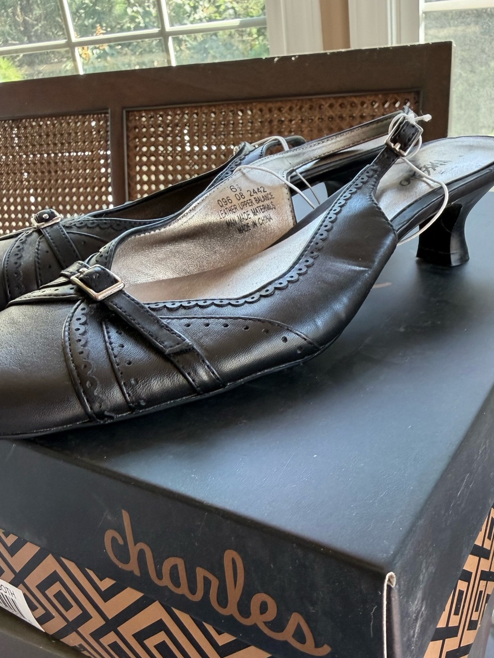 Massimo Black Leather Slingback Low Heel Pumps